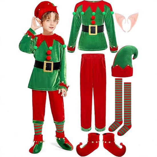 Elf Costume Christmas - 크리스마스 엘프 의상 세트, 녹색 빨간색