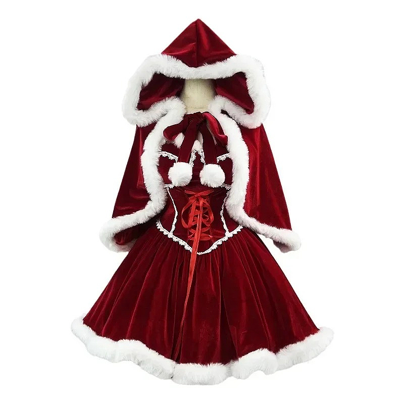 Elf Costume Christmas - 새해 빨간 드레스 망토 코스프레 플러스