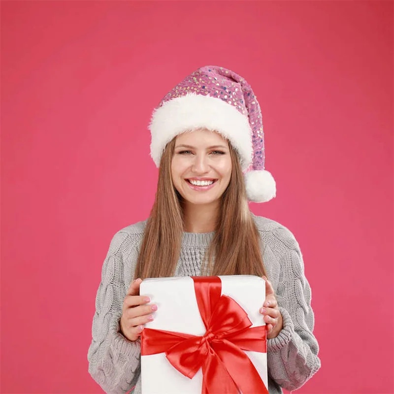 이중 레이어 스팽글 크리스마스 모자, 긴 솜털 폼폼이  - Santa Hat Plush 리뷰 및 가격